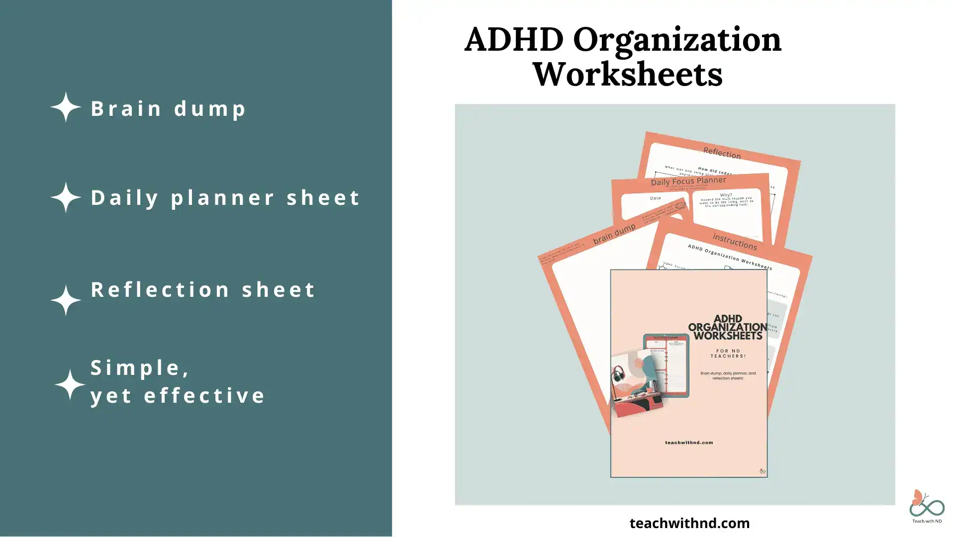 adhd organization worksheets on sage background, dark teal border, includes brain dump, daily planner sheet, reflection sheet, simple yet effective