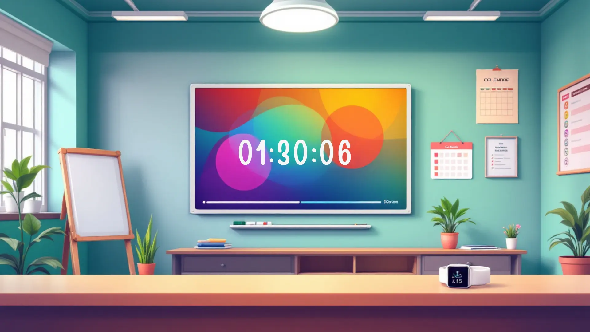 Modern classroom with a large smartboard displaying a visual timer for adhd focus, a visible lesson roadmap, class scoreboard on the whiteboard, and a smartwatch on the teacher's desk