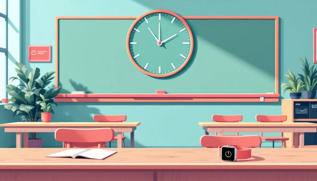Classroom scene with a large wall clock, a desk card displaying a clock icon for timekeeping, and a smartwatch on a teacher’s desk gently vibrating. Tips for how to focus with adhd.