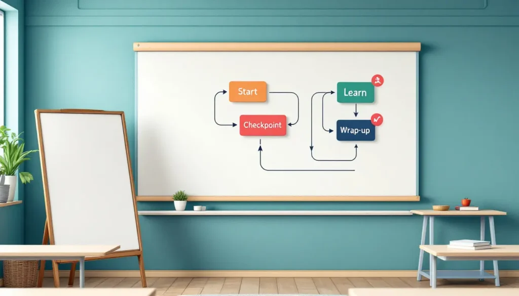 Classroom wall with a simple visual flowchart showing lesson checkpoints—Start, Learn, Checkpoint, Wrap-up—hanging beside a whiteboard. 