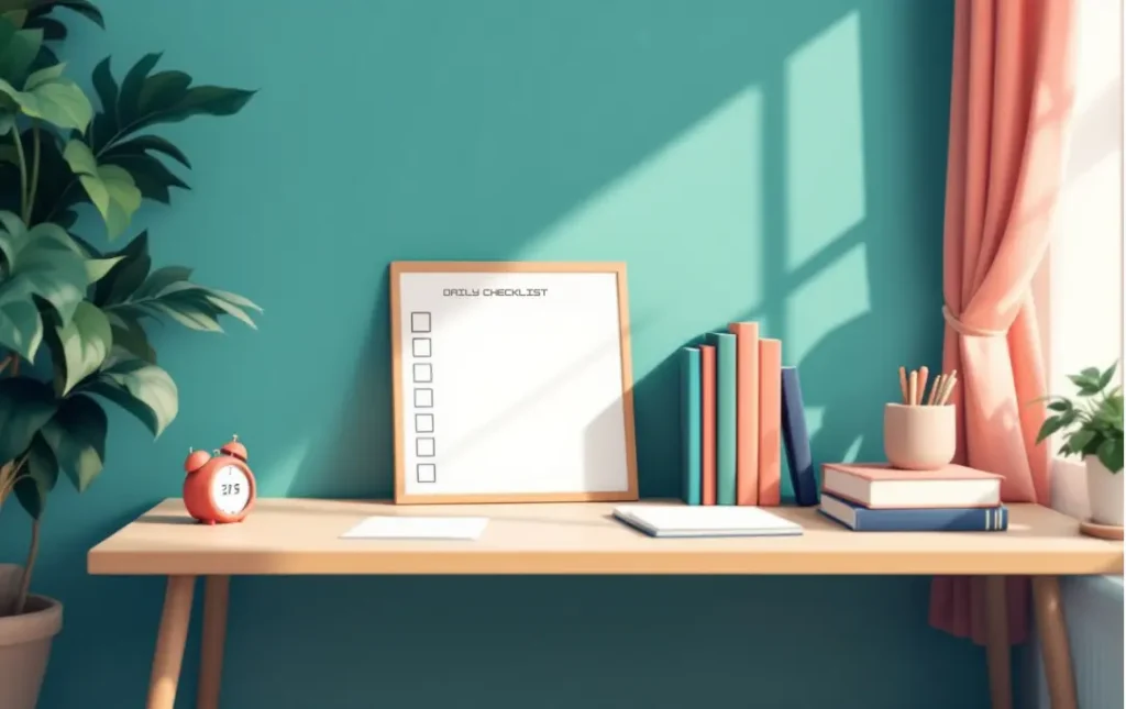 Classroom reading nook set up for independent work, with a desk featuring a visual checklist, books, and a small digital timer, shows how to focus with adhd 