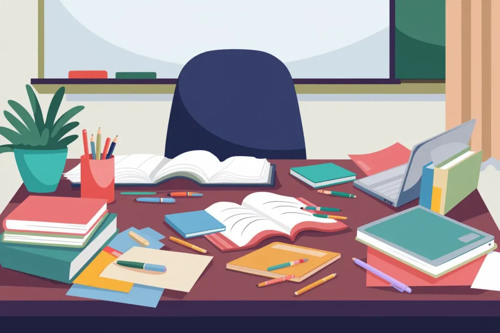 messy wooden teacher desk with open planners and pencils strewn about, blue chair, white board behind 
