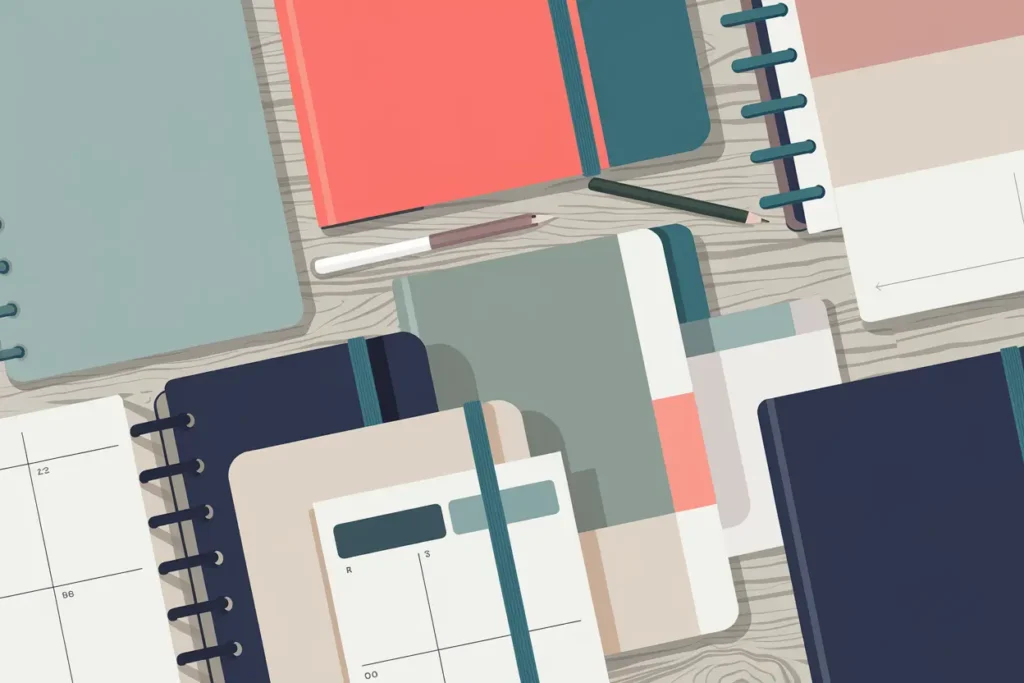 close up of paper planners in sage, peach, beige, with pencils, as one way to manage adhd time management