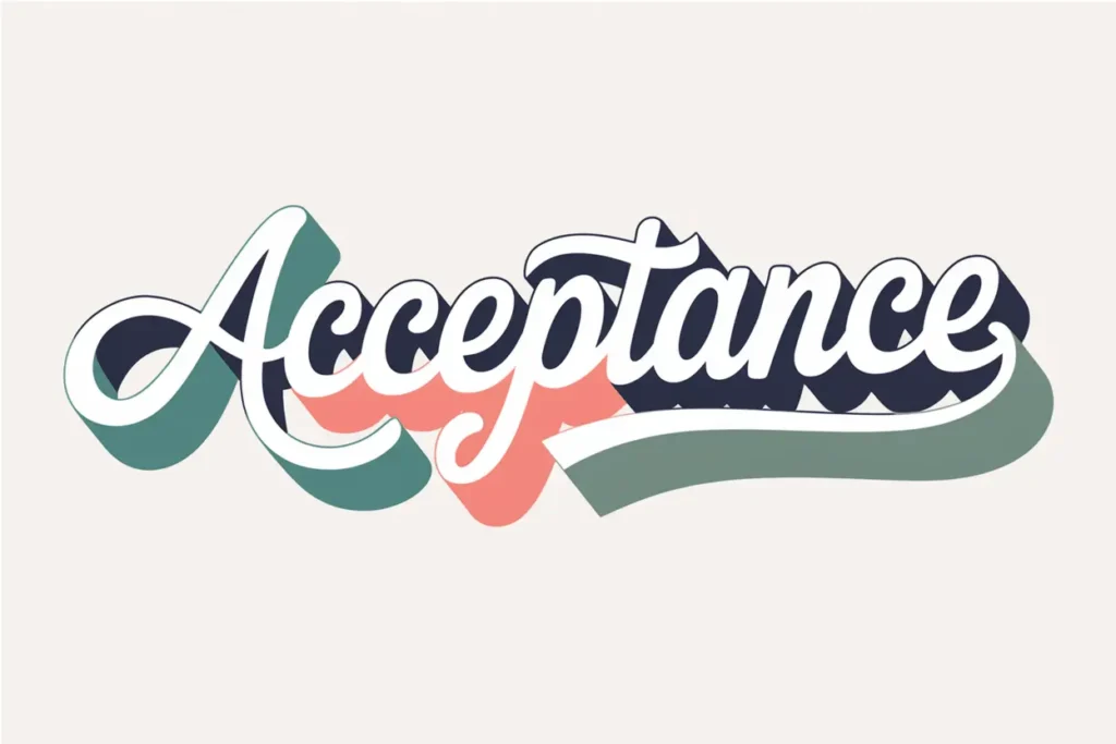 the word acceptance in cursive, modern style with peach, sage, and navy blue accents