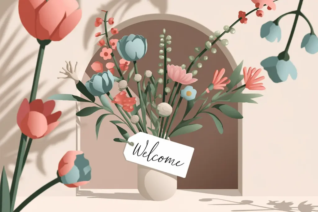 neurodivergent teacher accommodations, adhd self-accommodations, a beige vase with wild flowers and a note reading 'Welcome'