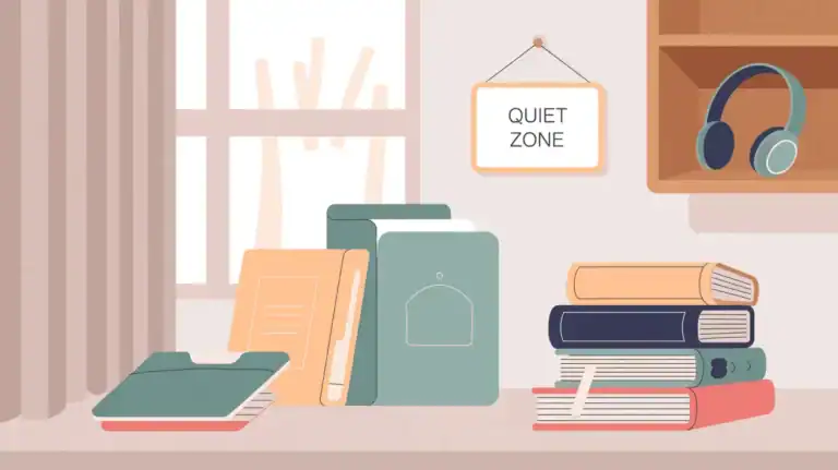 calm classroom for adult sensory processing disorder illustration with natural light, desk by window with books, sign says quiet zone