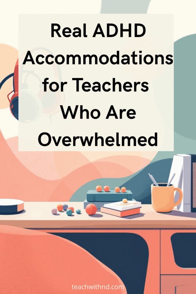 Minimal vector illustration showing a checklist, calendar, and headphones, symbolizing ADHD workplace accommodations for teachers, with no people and a calming color palette.