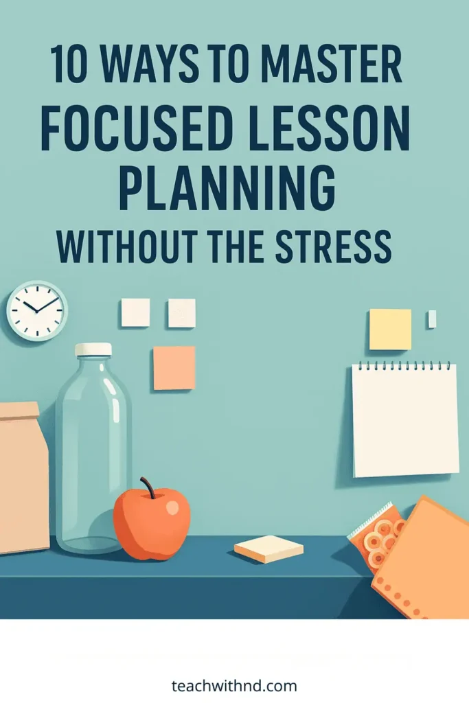 turquoise background workspace, shelf with water bottle, sticky notes, apple, title reads 10 ways to master focused lesson planning without the stress