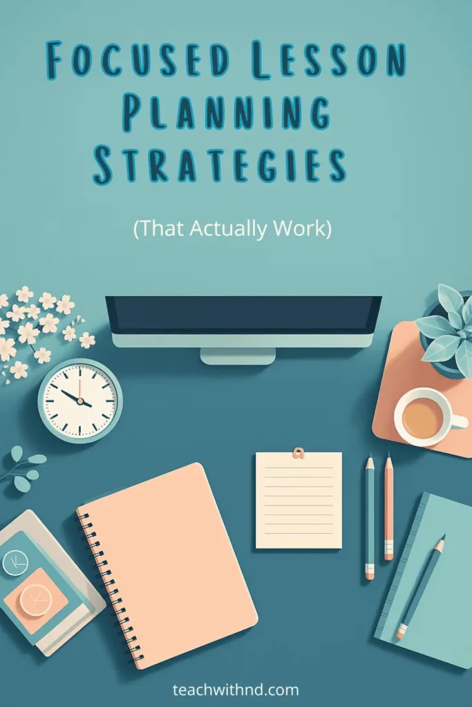 teal desk workspace with white flowers, succulent plant, timer, planners, pencils, title reads focused lesson planning strategies that actually work 