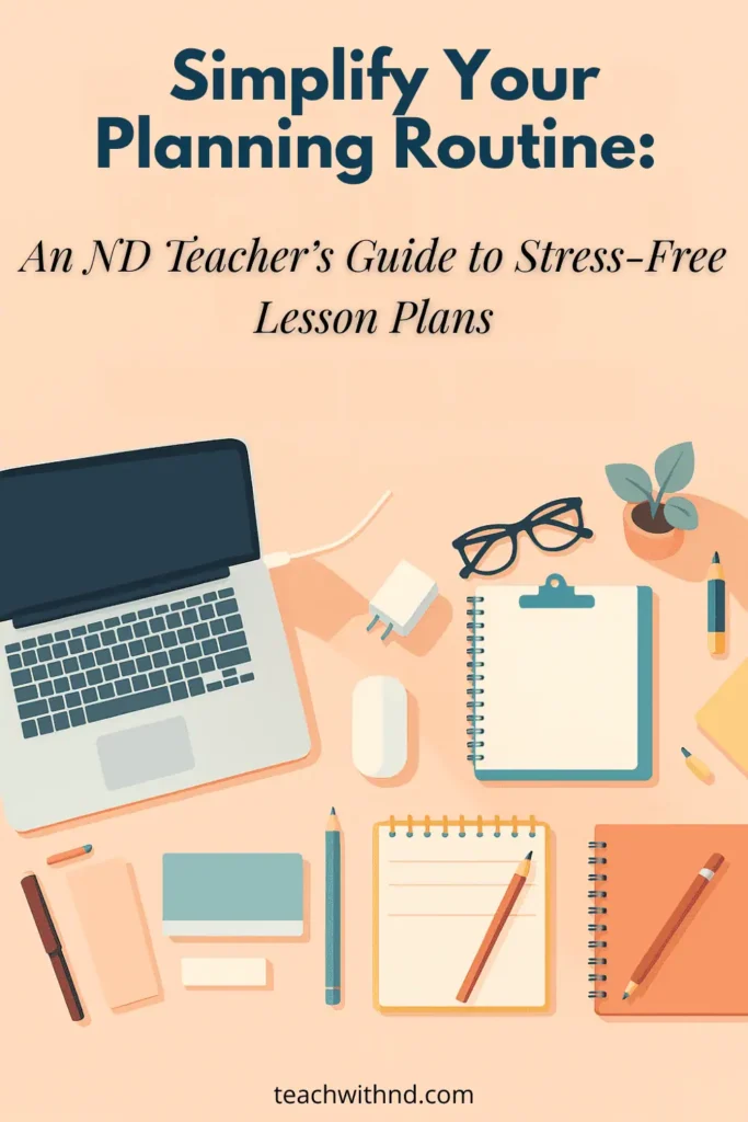 orange background workspace with laptop, charger, glasses, plant, notebooks, title reads simplify your planning routine, an nd teacher's guide to stress-free lesson plans 