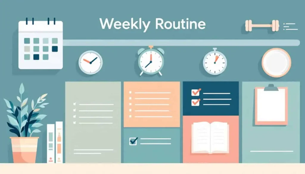 Modern flat vector illustration of a weekly routine charts for ADHD adults, featuring icons: calendar, meal plate, alarm clock, dumbbell, book, checklist. Teal, peach, coral, sage, navy, white, and beige. 