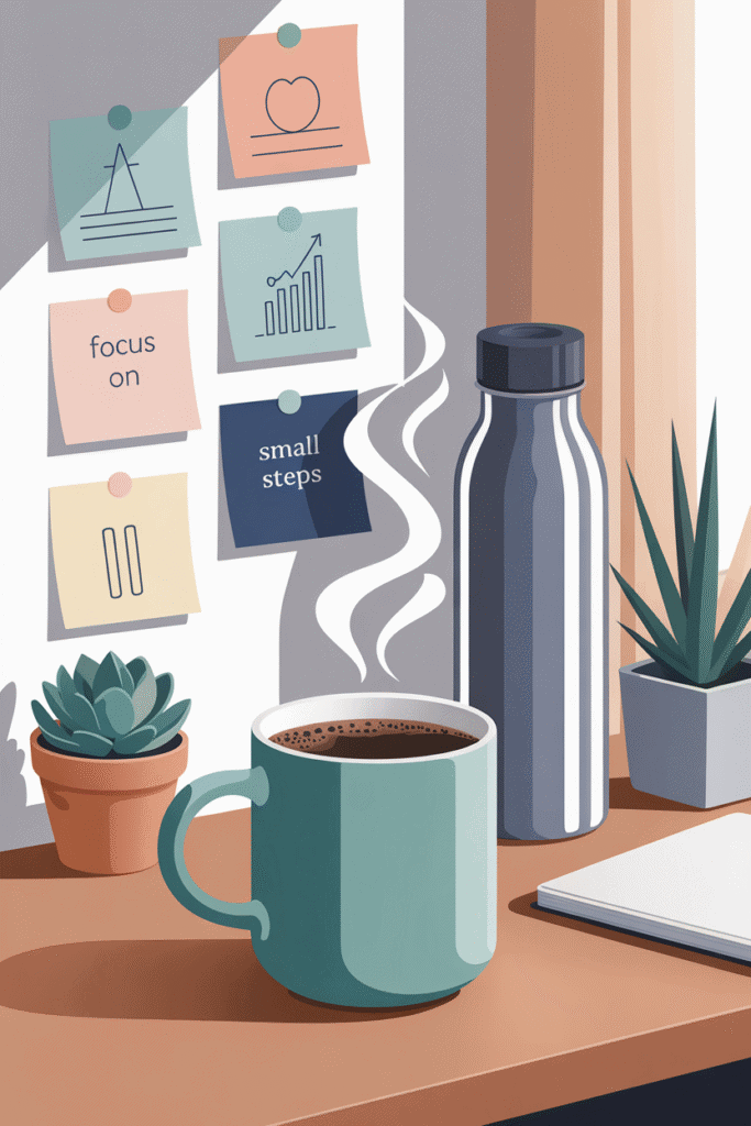 teacher workspace with hot coffee steaming, sticky notes on wall say focus on small steps, example of adhd calming methods