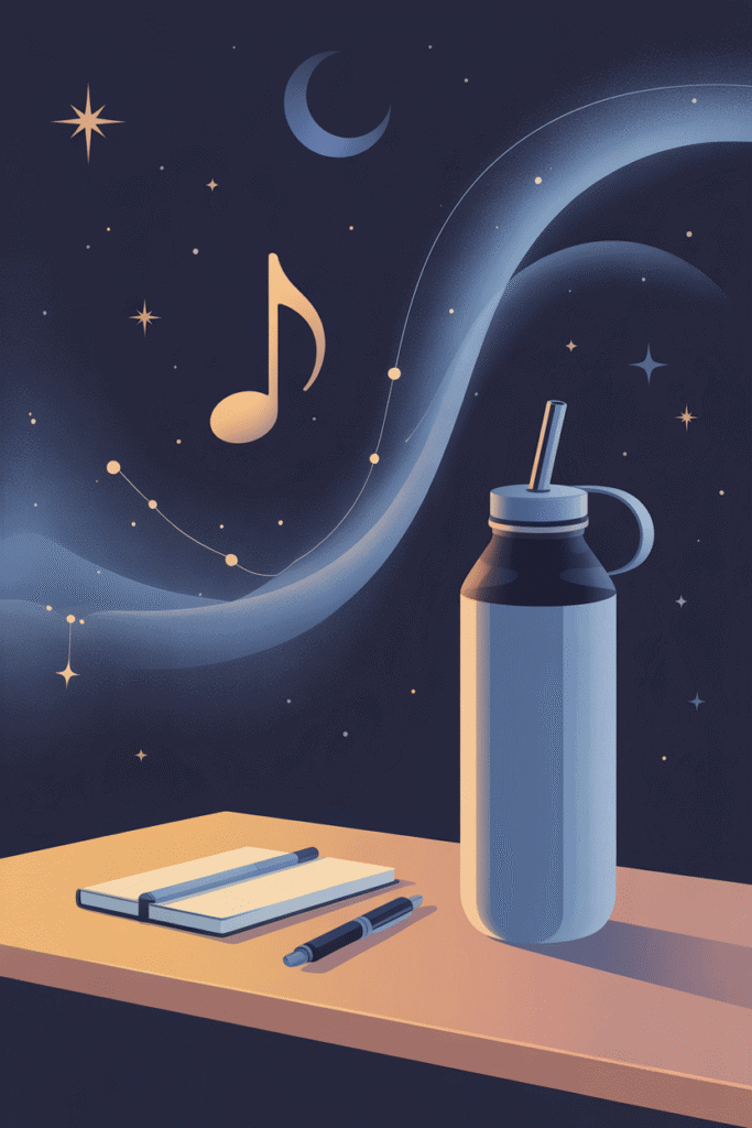 warmly lit wooden shelf with blue water bottle with straw spout, notebook, pen, dark blue celestial night with music notes, adhd calming routines