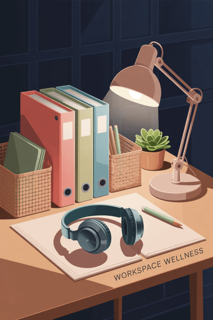 organized teacher desk with noise canceling headphones, lamp, plant, binders standing upright in coral, teal, and sage, workspace wellness