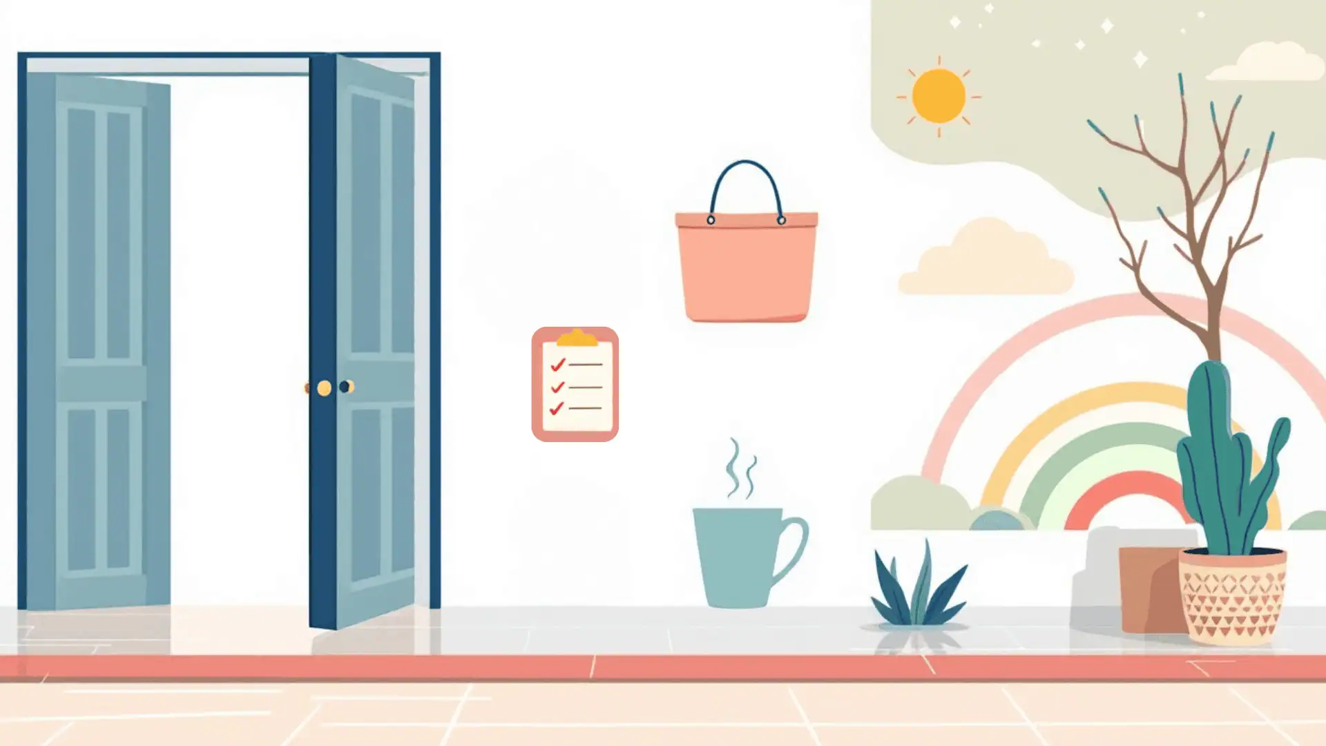 Storyboard sequence of teacher morning routine icons: open door, tote bag, checklist, coffee cup, outdoor sun and rainbow scene, in modern flat vector with teal, peach, coral, sage, navy, beige, and white.