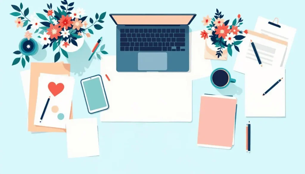 Top-down vector illustration of ADHD-friendly workspace: laptop, digital tablet, coffee mug, vase with flowers, art supplies, and paper sheets. Clean modern color palette of teal, peach, coral, sage, navy, beige, and white.