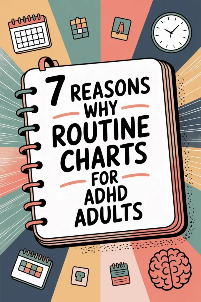 7 reasons why routine charts for adhd adults work, planner in front of colorful starburst pattern, icons including brain, calendar, clock