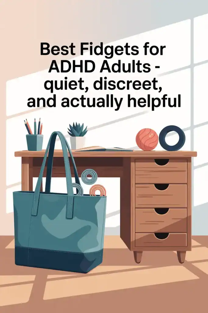 green tote bag in front of wooden desk, natural light and shadows, fidget toys for adhd adults