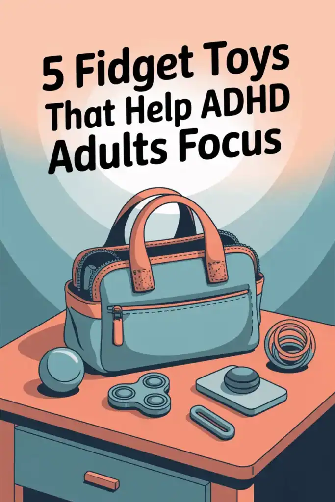 teal and peach setting with bag on desk next to fidget toys for adults, title is five fidget toys that help adhd adults focus 