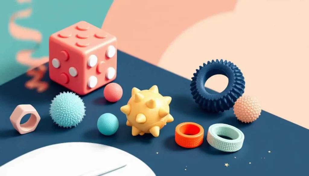 A Helpful Tool for Adults with ADHD – Collection of fidget toys (cube, spinner, textured balls, sensory rings) arranged neatly on a simple desk. 