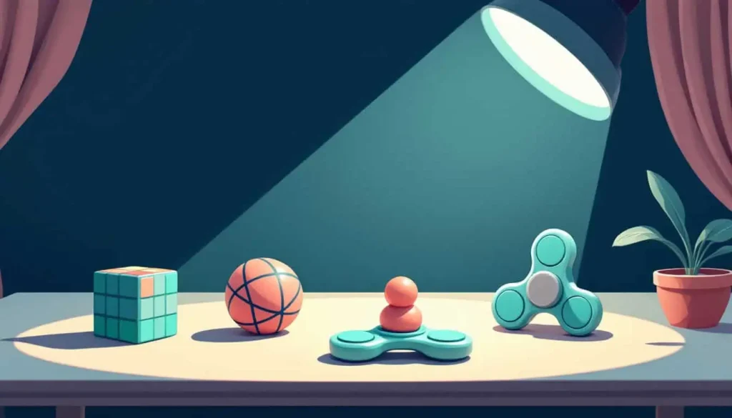Top Fidgets for Adults with ADHD – Spotlight on fidget cube, stress ball, spinner ring, and tangle toy on a smooth tabletop. Modern vector style.