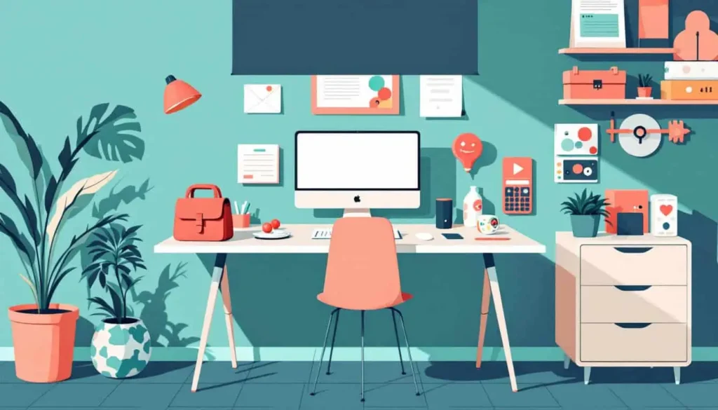 Incorporating Fidget Toys into Daily Life – Workspace scene with desk, bag, and nightstand, each with a different fidget toy placed neatly. 
