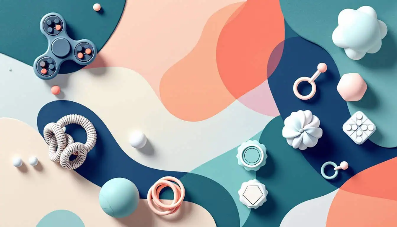 Several stylish adult fidget toys (fidget cube, spinner, sensory rings, stress ball, tangle toy) artfully arranged on a sleek, abstract background.