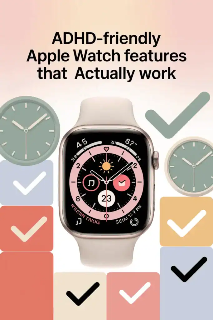 Apple Watch face showing clean, simple complications for ADHD users, including calendar, weather, and reminder apps in calming colors.
