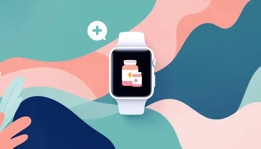 Apple Watch next to a pill bottle, illustrating medication reminder notifications.