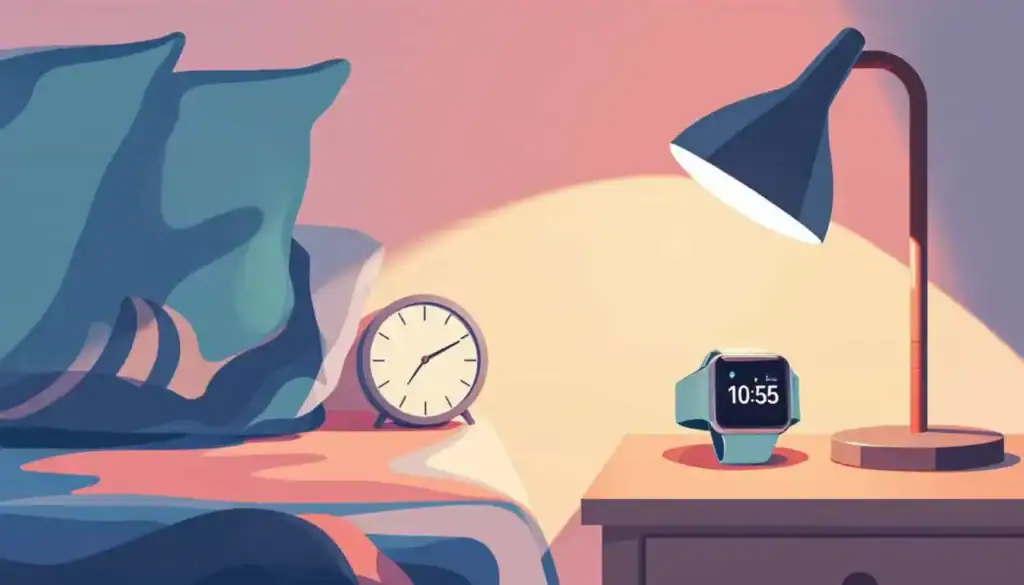 Apple Watch on a nightstand beside a bed, suggesting sleep and bedtime reminders.