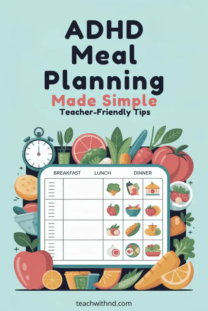 visual planner with columns for breakfast, lunch, and dinner, food icons, surrounded by a timer and more fresh fruits and vegetables, easy adhd lunch ideas 