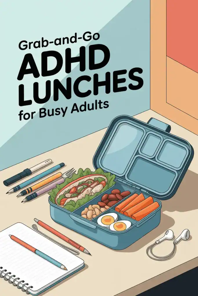 workspace with notebook, flat lunchbox with compartments, high protein snacks, chopped veggies, nearby ear buds and pens, text reads grab-and-go adhd lunches for busy adults 