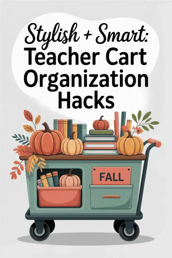 Fall-themed teacher cart with seasonal classroom supplies, pumpkins, and organized storage in 2D vector style.