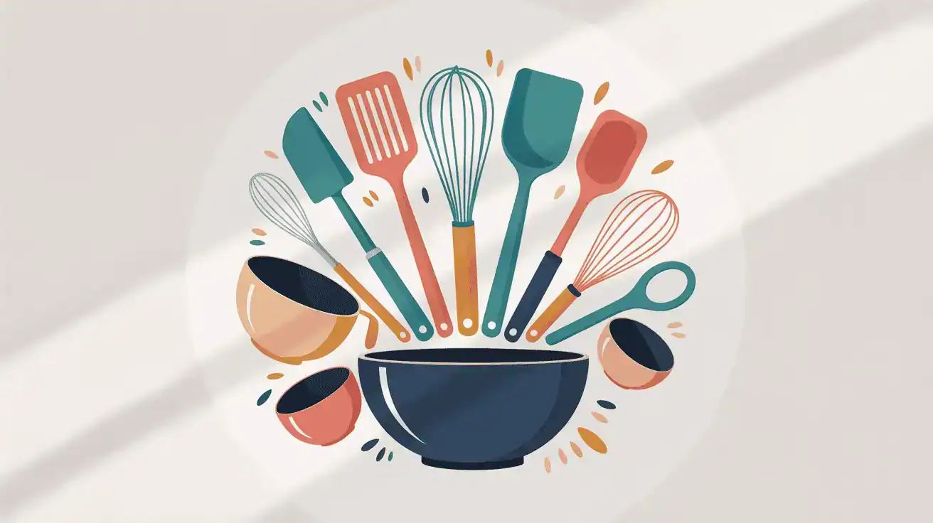 colorful kitchen tools like whisks and spatulas, along with espresso cups, over a navy blue bowl, easy adhd meals