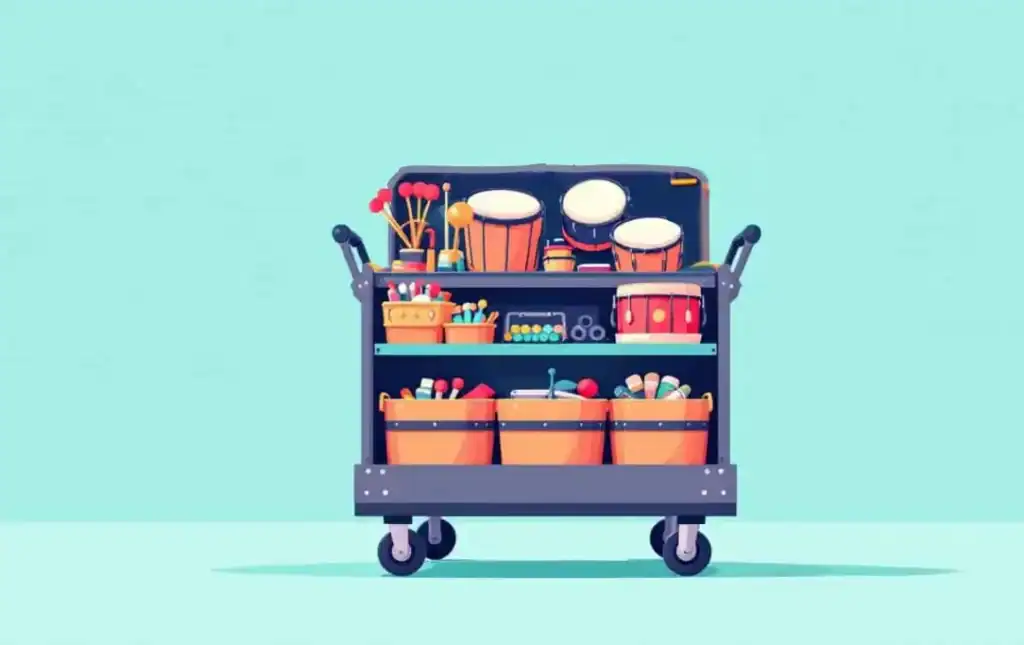 music traveling teacher cart ideas, unpitched percussion organized on three shelves, in bins