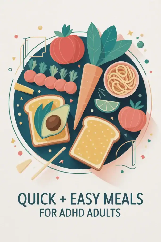 a pinterest pin with text 5 Simple ADHD Meal Prep Tips That Save Time + Energy” over a 2D modern vector background of kitchen tools in teal, coral, peach, and navy — no people.

