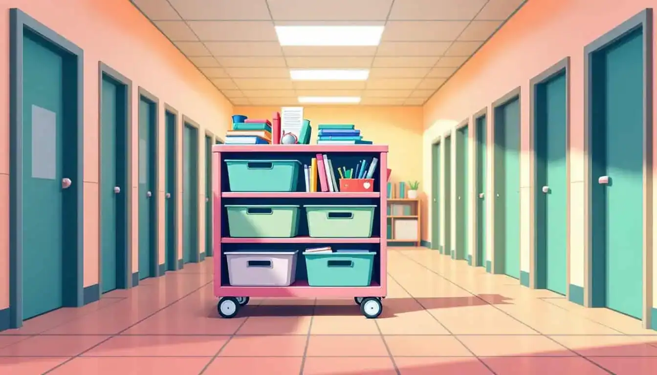 Cart filled with sorted storage bins, books, and supplies in a school hallway with doors. (