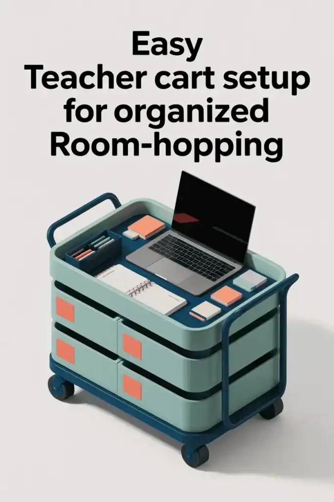 Minimalist teacher cart setup with digital planner and classroom essentials in navy and peach colors.

