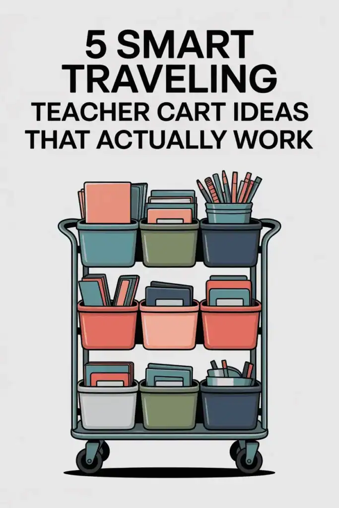 Vector illustration of a colorful rolling teacher cart with neatly labeled storage in teal, coral, and sage tones.