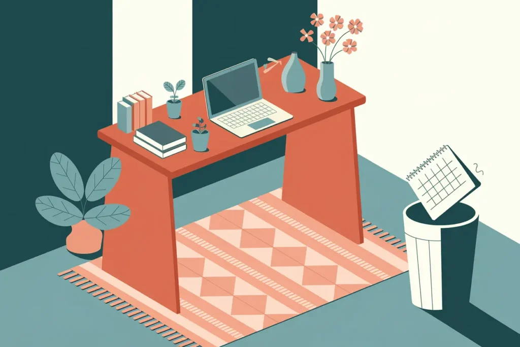 adhd in teachers, basics of neurodivergence in adults, office set up with calendar falling into trash can, sage green and coral colors