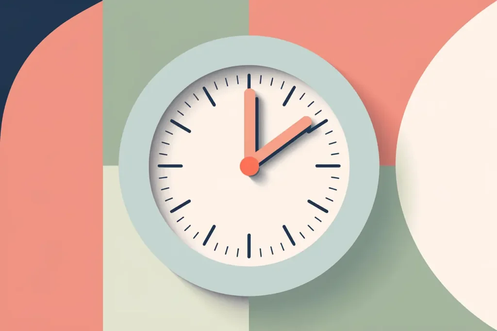 adhd in teachers, basics of neurodivergence in adults, clock with light blue ring, background has coral color, sage, beige, navy blue