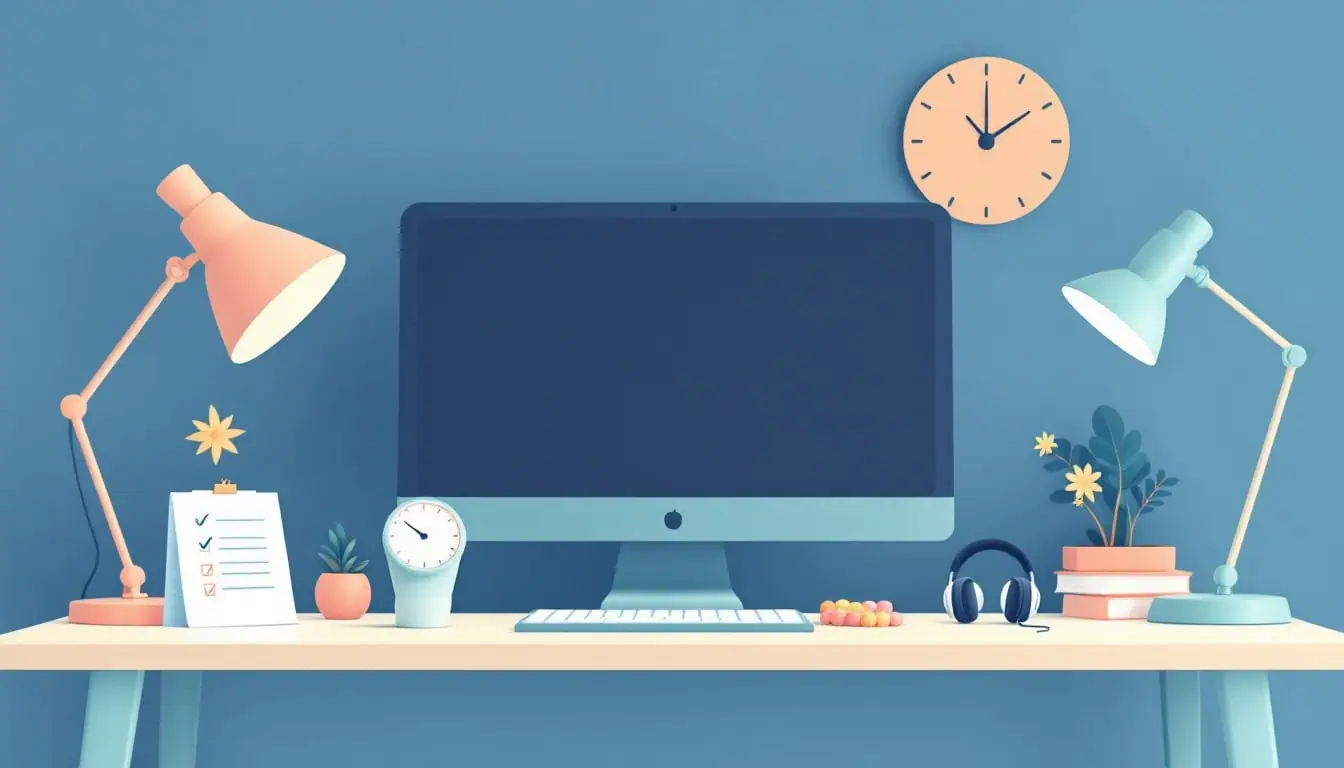 Minimal vector illustration of ADHD workplace accommodations for teachers with checklist, timer, headphones, lamp, and fidget, in calming colors