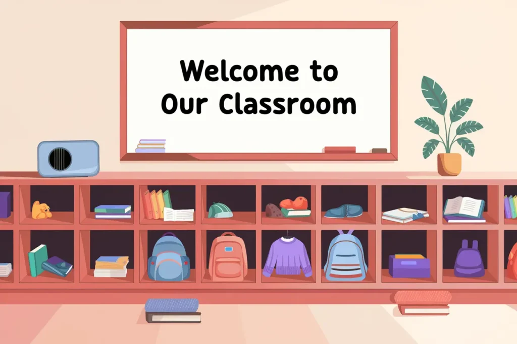 an illustration of a classroom with a whiteboard that reads welcome to our classroom, a white noise for adhd sound machine next to it