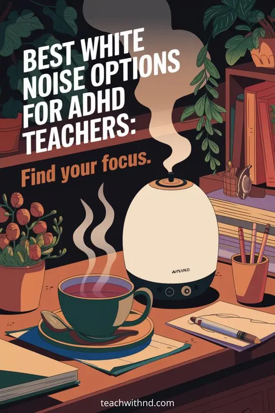 white time desk scene with sound machine diffuser illuminating room, bold text reads best white noise options for adhd teachers