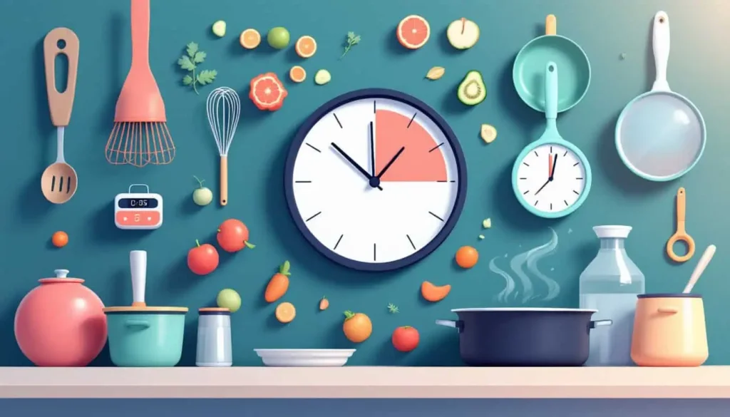Time Management Issues: Clock surrounded by kitchen items (whisks, pans, timers), with half-done cooking tasks in a modern 2D vector style.
