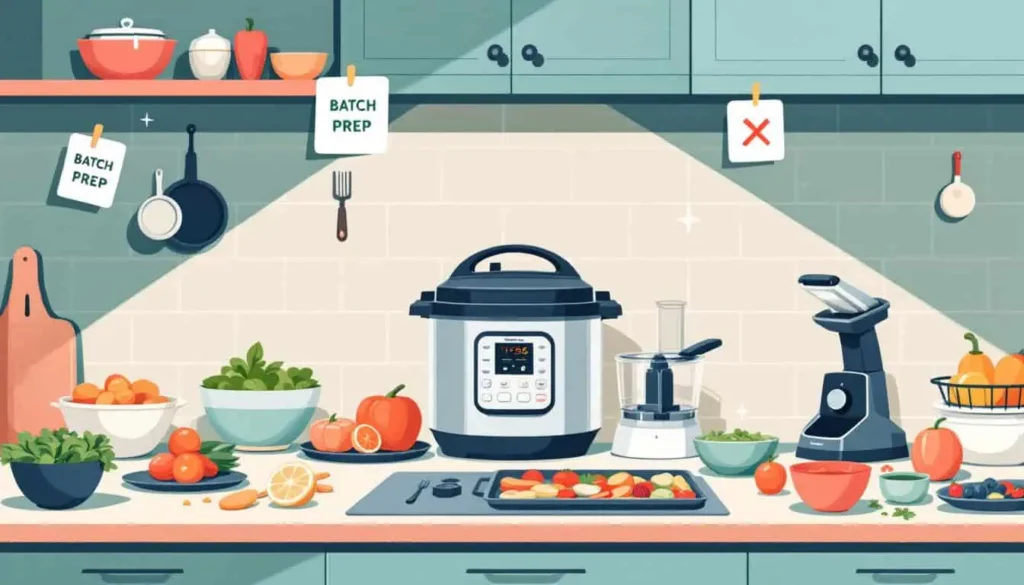 ime-Saving Cooking Tips: Counter with Instant Pot, food processor, microplane, trays of prepped ingredients, and batch prep icons in a modern 2D vector style.