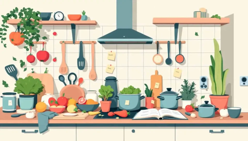 Time Management Issues: Clock surrounded by kitchen items (whisks, pans, timers), with half-done cooking tasks in a modern 2D vector style.