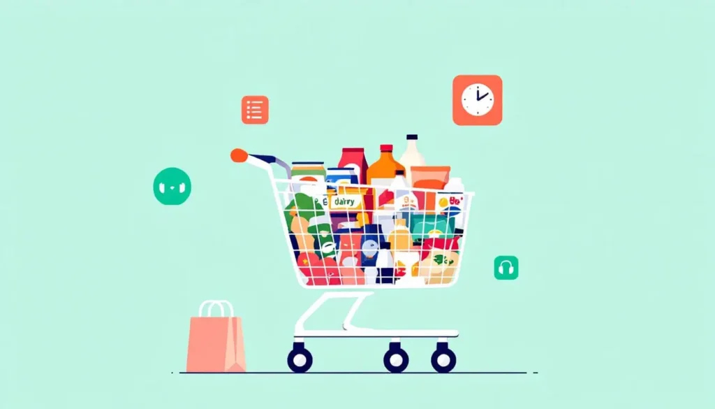 Grocery Shopping Tips: Shopping cart with neat sections for produce, canned goods, dairy, snacks and icons for checklist app, clock, headphones in a modern 2D vector style.