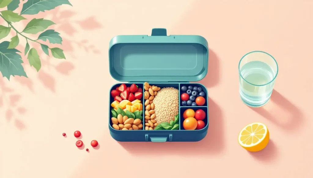 Maintaining Energy Levels: Lunchbox with whole grains, fruit slices, nuts, leafy greens, legumes, and a glass of water with lemon in a modern 2D vector style.