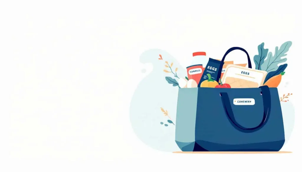 Grocery List Essentials: Organized grocery tote bag with compartments filled with eggs, canned goods, veggies, snacks in a modern 2D vector style.